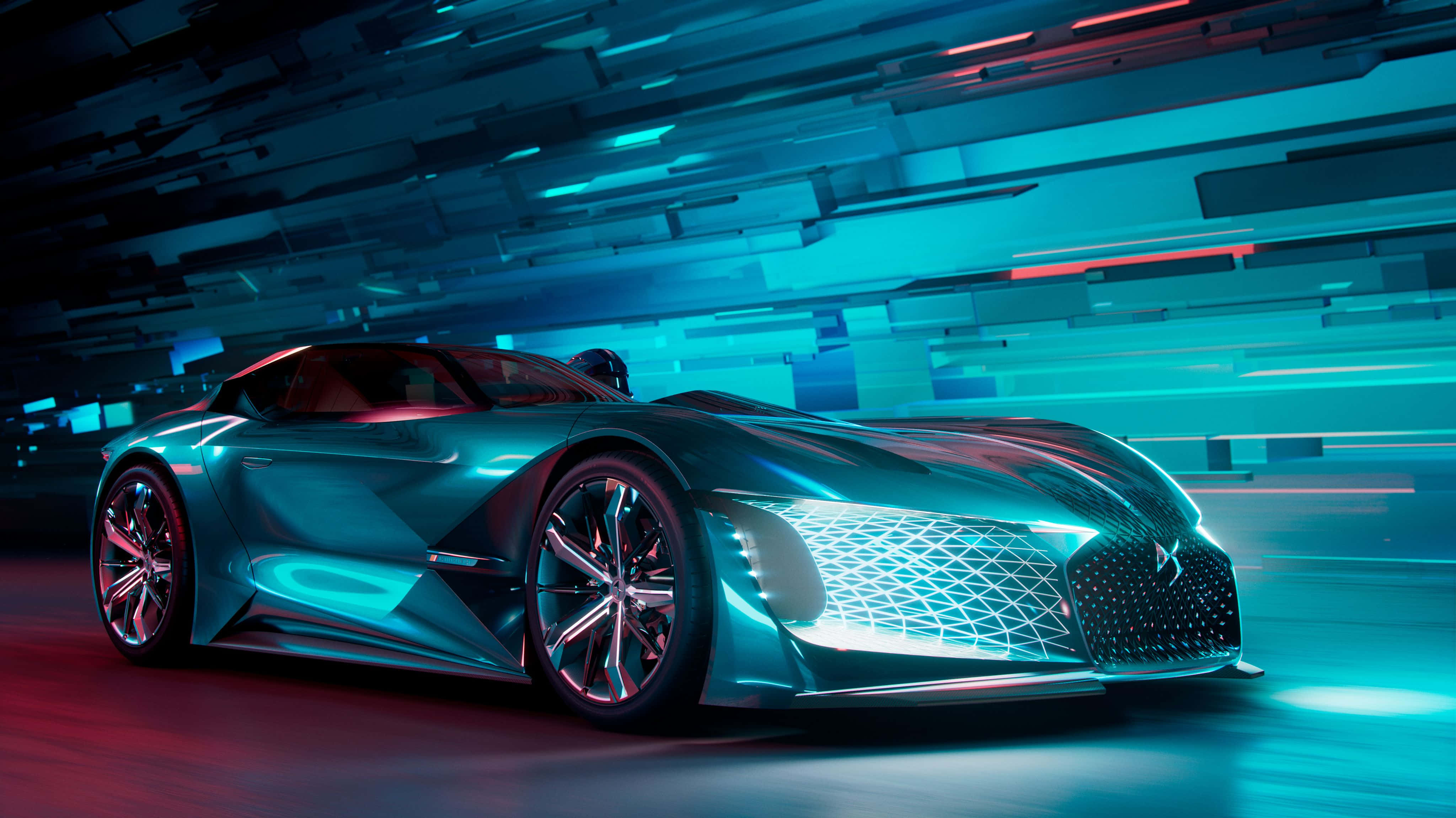 Ds Automobiles 桌布 壁紙 — 一款時尚的未來主義跑車在動態數位隧道背景下發出霓虹藍色和紅色光芒。
