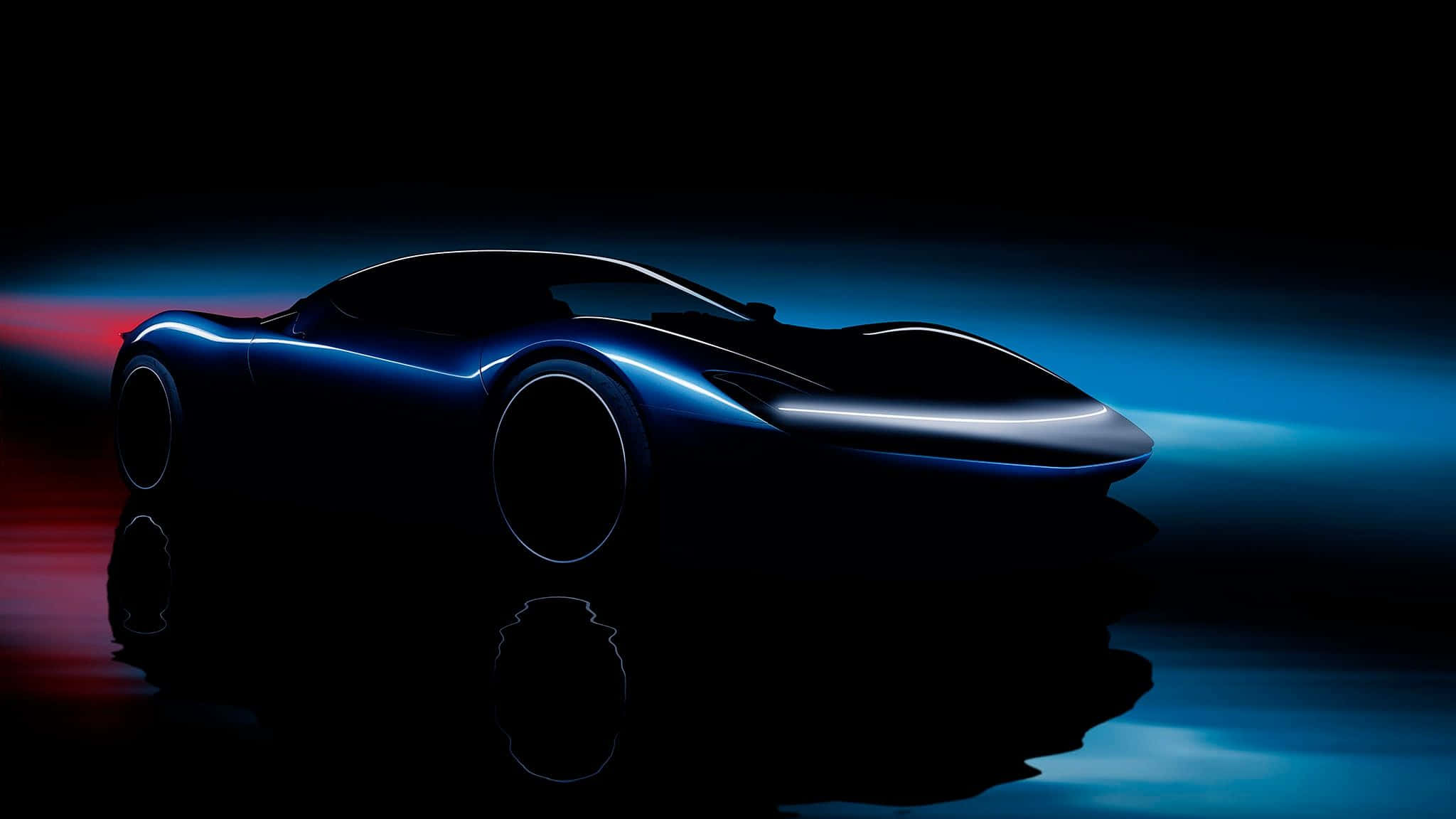 Pininfarina 桌布 壁紙 — 一款時尚的未來主義跑車在深色反光表面上發出藍色霓虹線條，並帶有紅色和藍色光條。