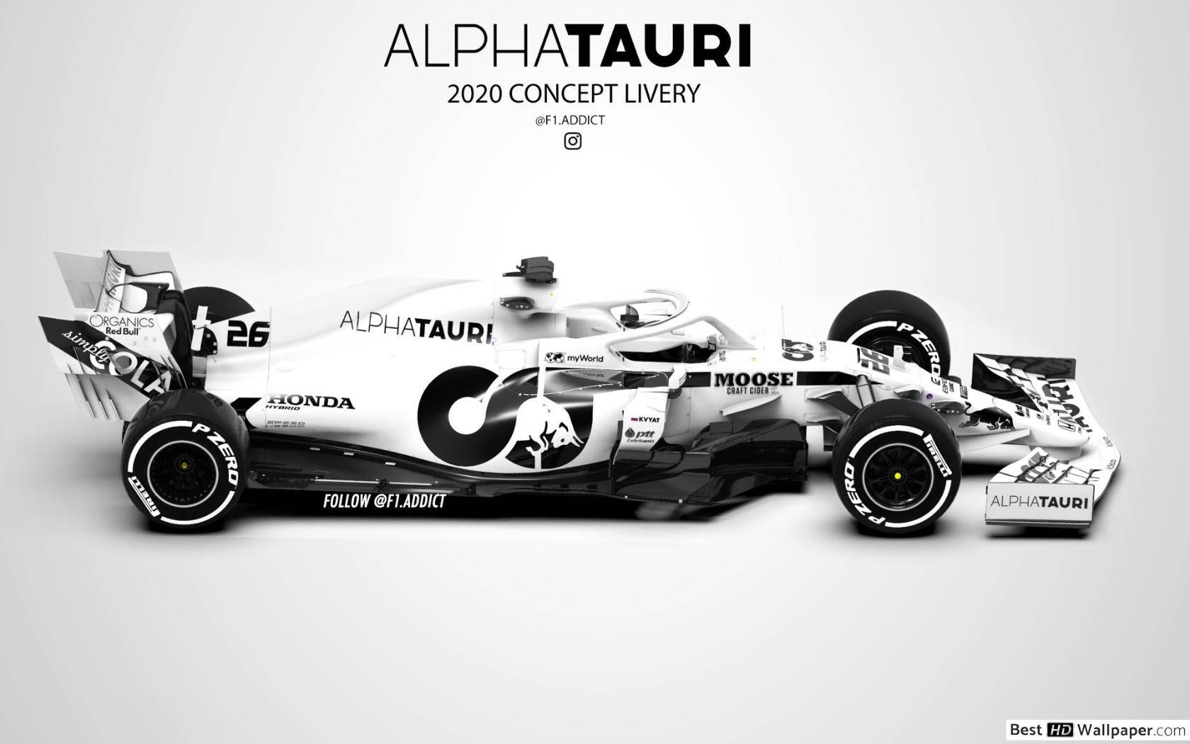 白色 桌布 壁紙 — 一款時尚的白色和黑色AlphaTauri 2020年一級方程式概念車，在簡約的灰色背景上展示贊助商標誌。