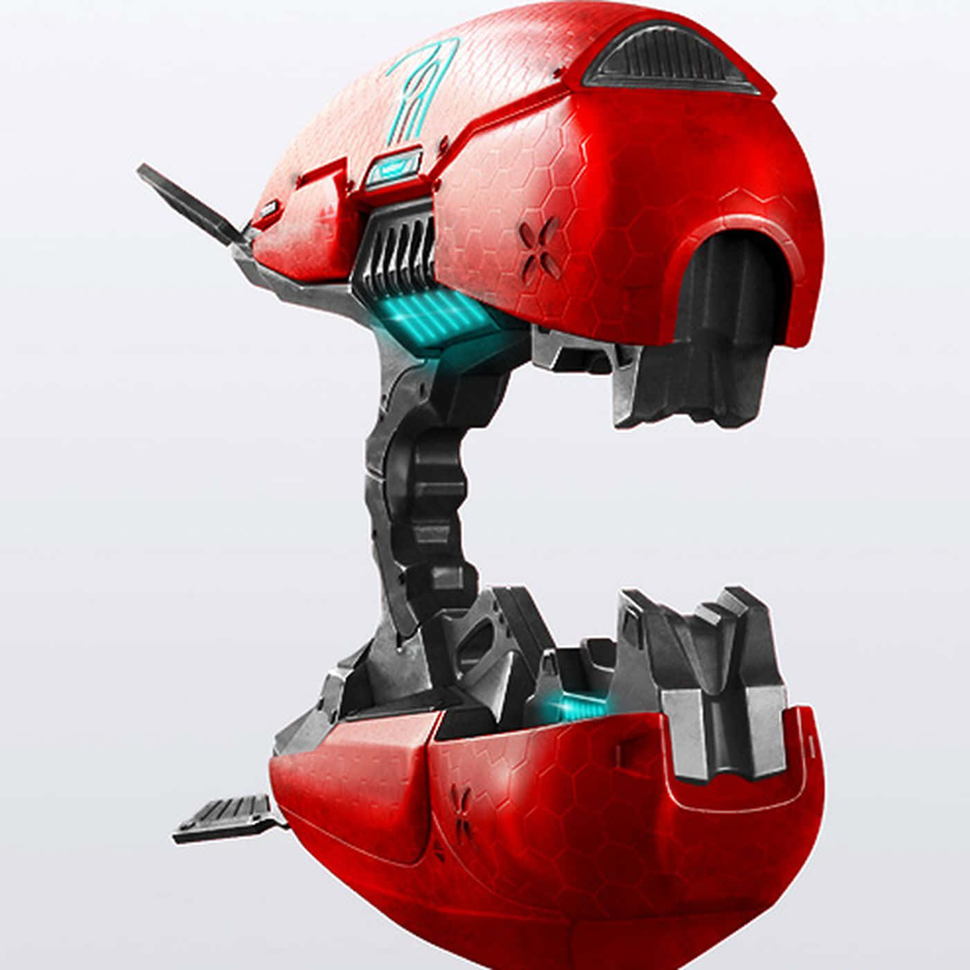 Plasma Rifle 桌布 壁紙 — 一款時尚的紅黑未來主義車輛，帶有發光的青綠色點綴和六邊形紋理，背景為純白色。