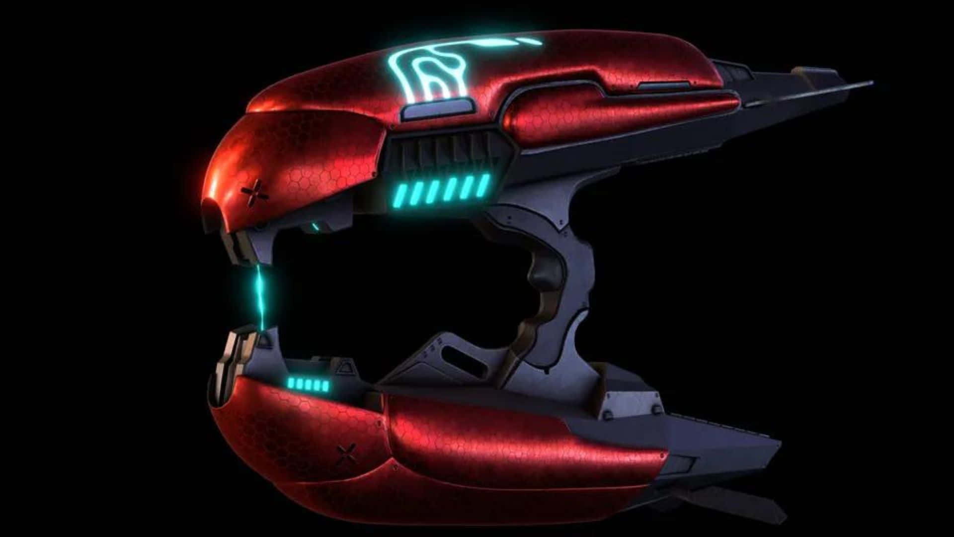 Plasma Rifle 桌布 壁紙 — 一款時尚的紅黑配色未來感頭盔，在深色背景上帶有發光的藍色霓虹燈飾。