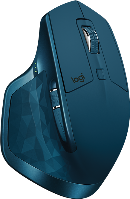 青色GIF 桌布 壁紙 — 一款時尚的藍色Logitech人體工學滑鼠，具有幾何紋理和銀色點綴，背景為黑色。