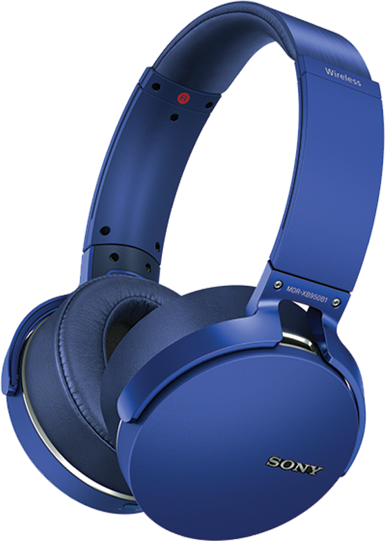 Sony 桌布 壁紙 — 一款時尚的藍色Sony無線頭戴式耳機，配有加厚耳罩和頭帶，背景為黑色。