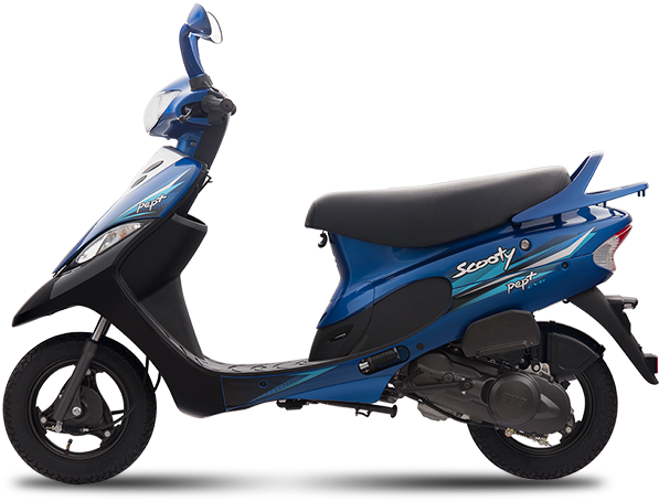 機車 桌布 壁紙 — 一款時尚的藍黑相間機車，帶有 'Scooty Pep+' 品牌標誌，以側面輪廓展示在透明背景上。