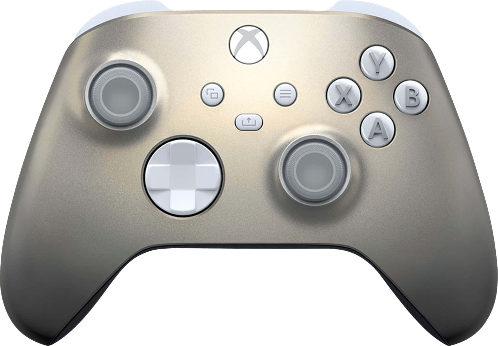 Xbox 桌布 壁紙 — 一款時尚的金屬Xbox控制器，帶有漸變銀色飾面和白色按鈕，背景為純白色。