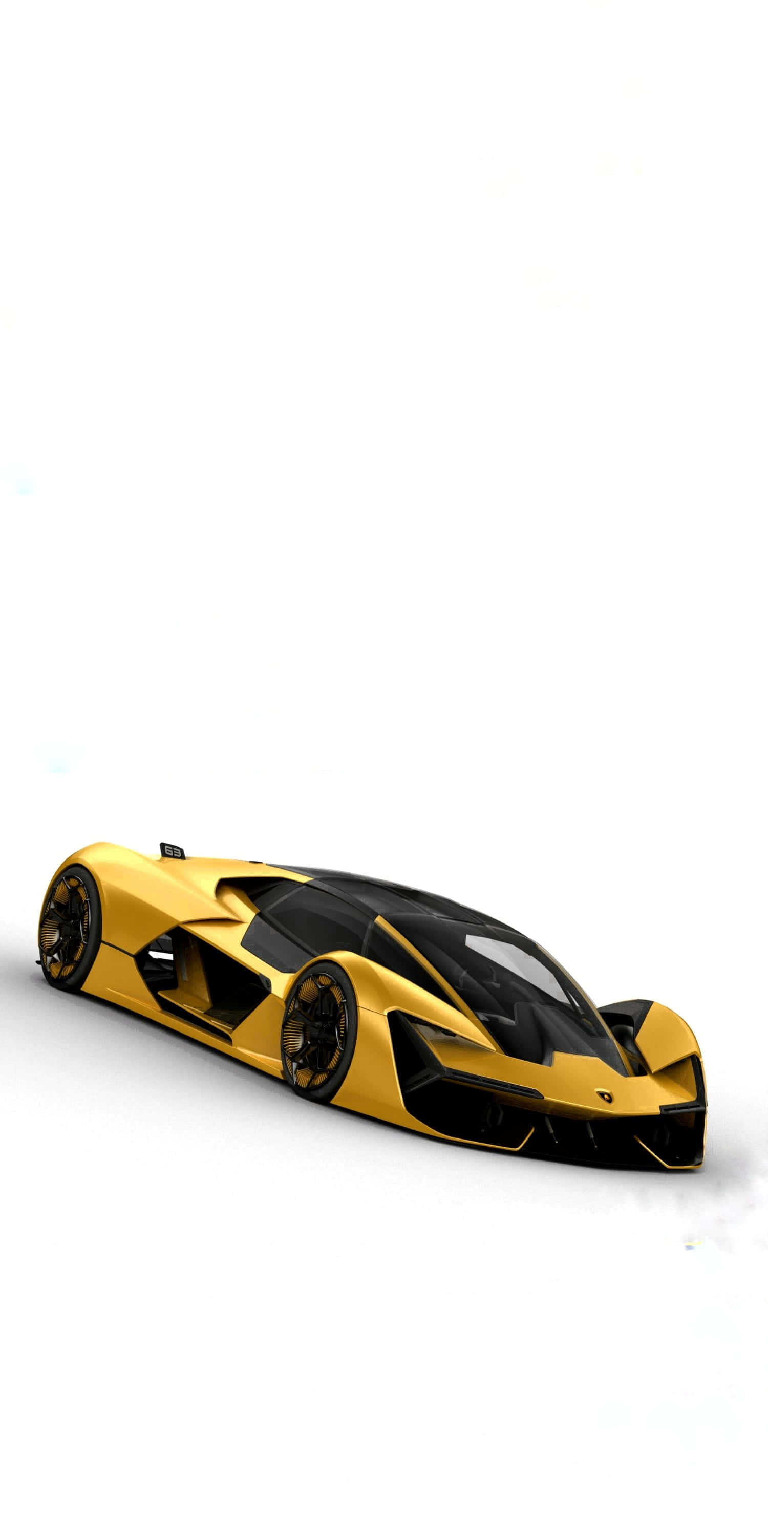 Gold Lamborghini 桌布 壁紙 — 一款時尚的金色和黑色未來主義跑車，具有空氣動力學設計，在純白色背景上孤立。
