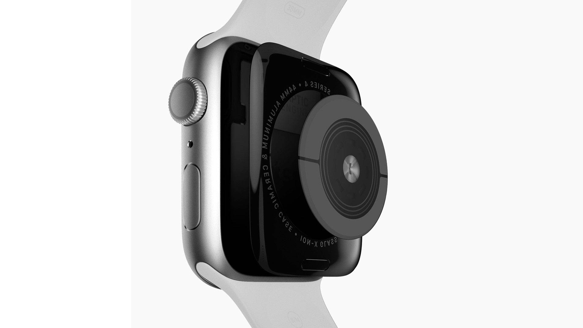 Apple Watch 動態 桌布 壁紙 — 一款時尚的銀色Apple Watch Series 4配白色錶帶，以側面輪廓展示在潔白背景上。