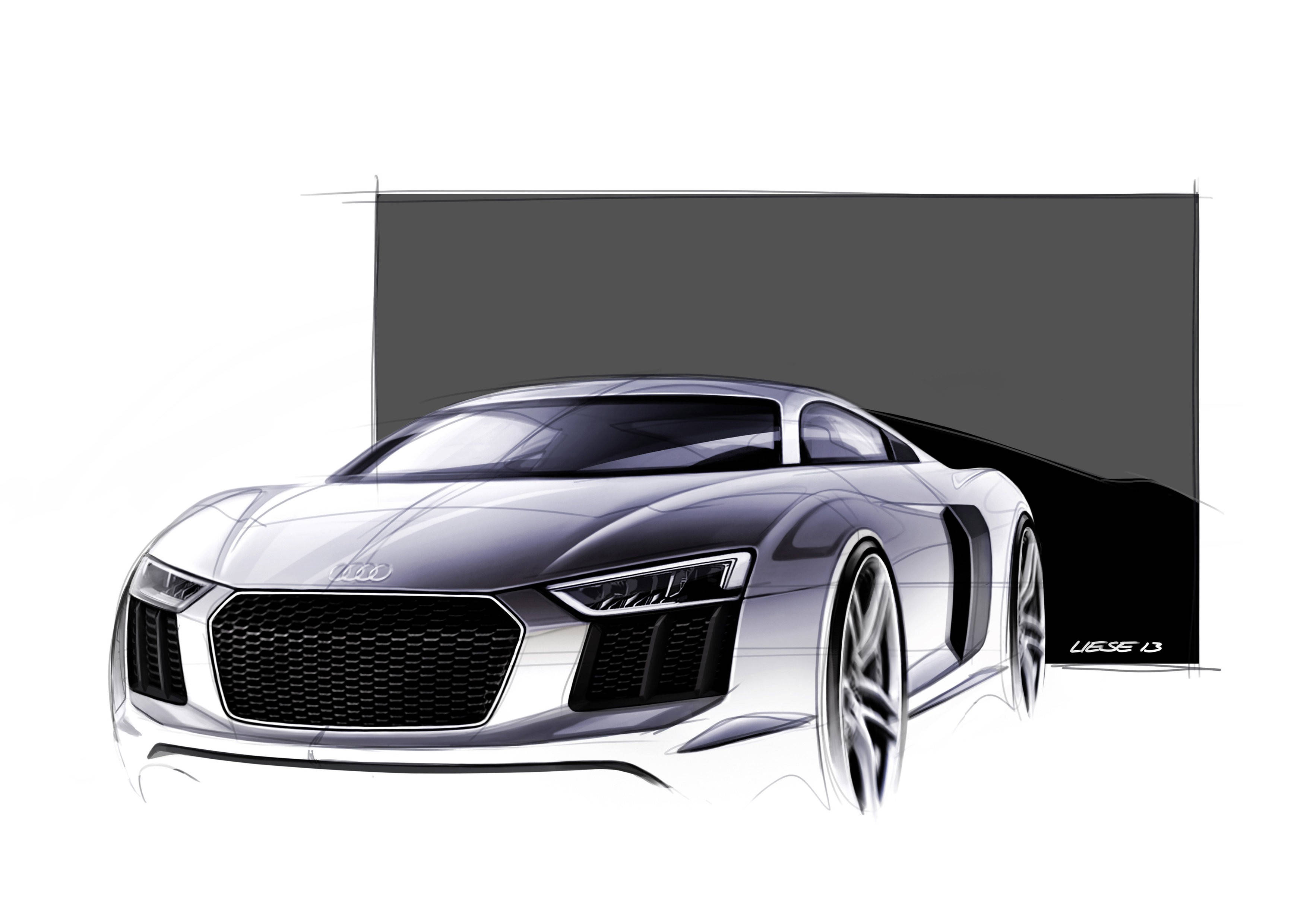 R8 桌布 壁紙 — 一款時尚的銀色奧迪跑車，以詳細的素描風格呈現，帶有粗線條和陰影高光。