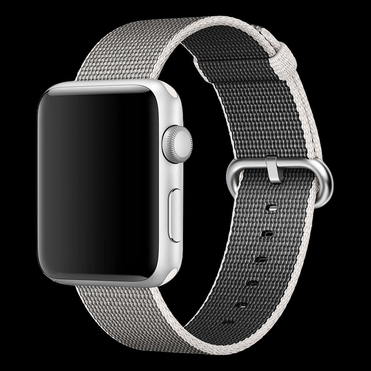 Apple Watch 動態 桌布 壁紙 — 一款時尚的銀色智慧手錶，配有編織灰色錶帶，在純黑色背景下脫穎而出。