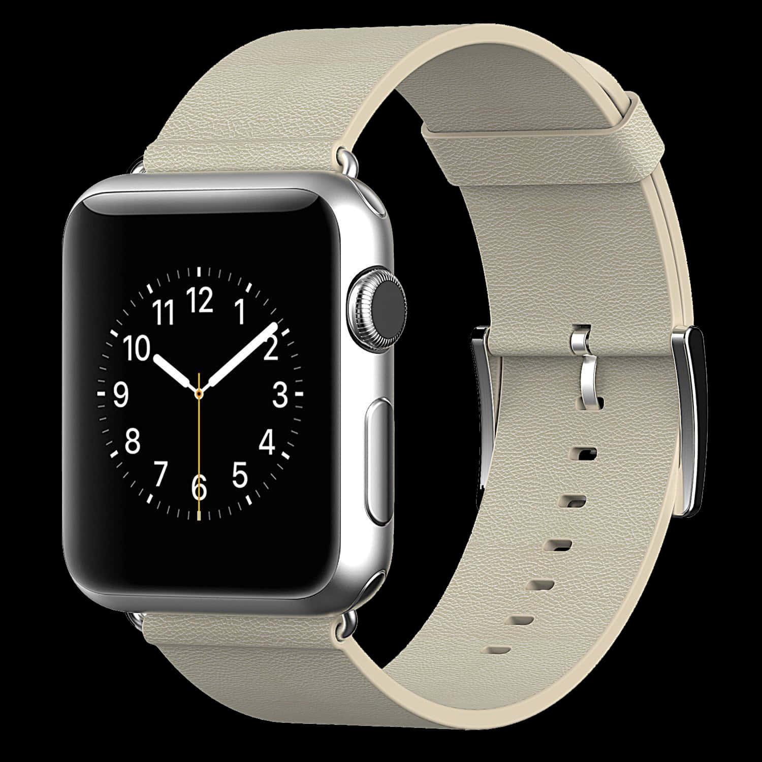 銀色智慧手錶配以米色皮革錶帶，顯示類比時鐘面。 — Apple Watch 動態 壁紙