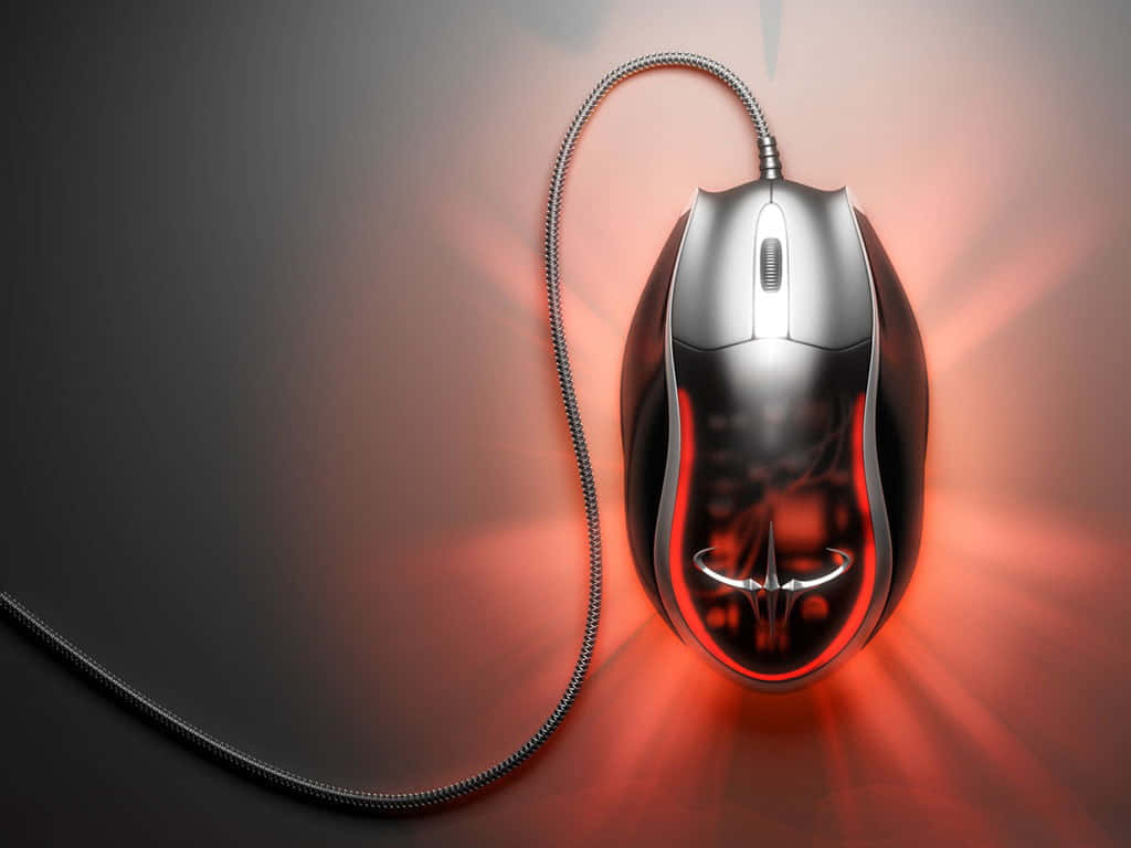 Gaming Mouse 桌布 壁紙 — 一款時尚的銀色遊戲滑鼠，帶有紅色發光點綴和編織線纜，放置在灰色漸變表面上。