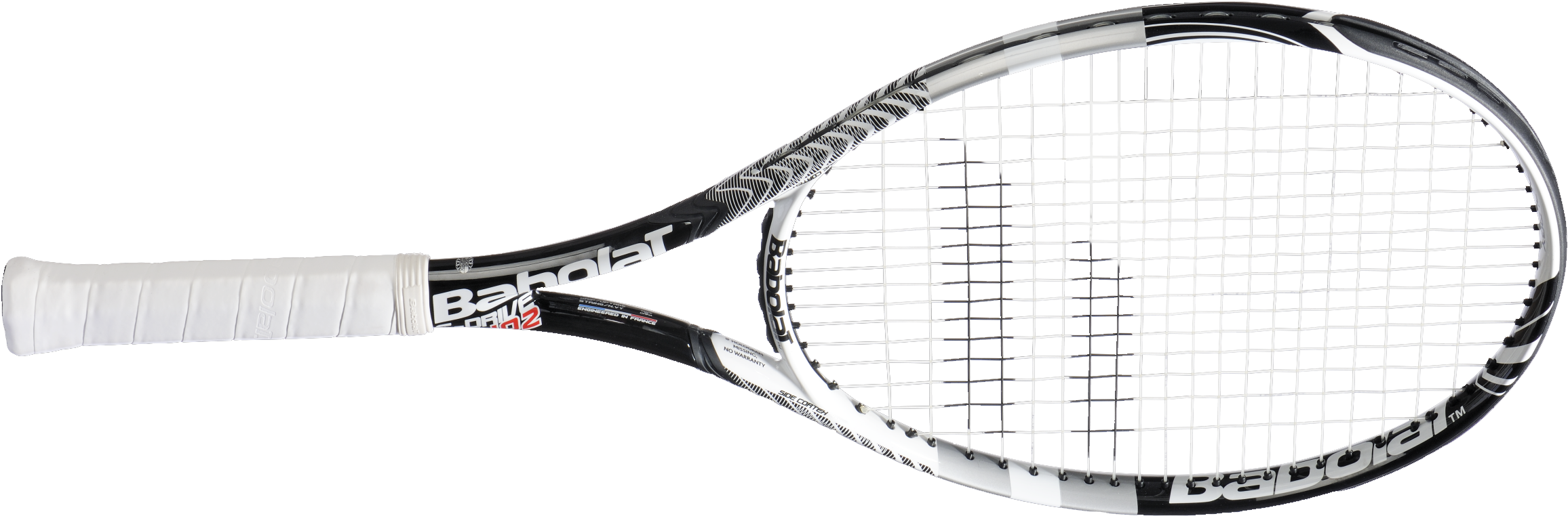 網球 桌布 壁紙 — 一款時尚的黑白 Babolat 網球拍，帶白色握把，置於純黑背景上。