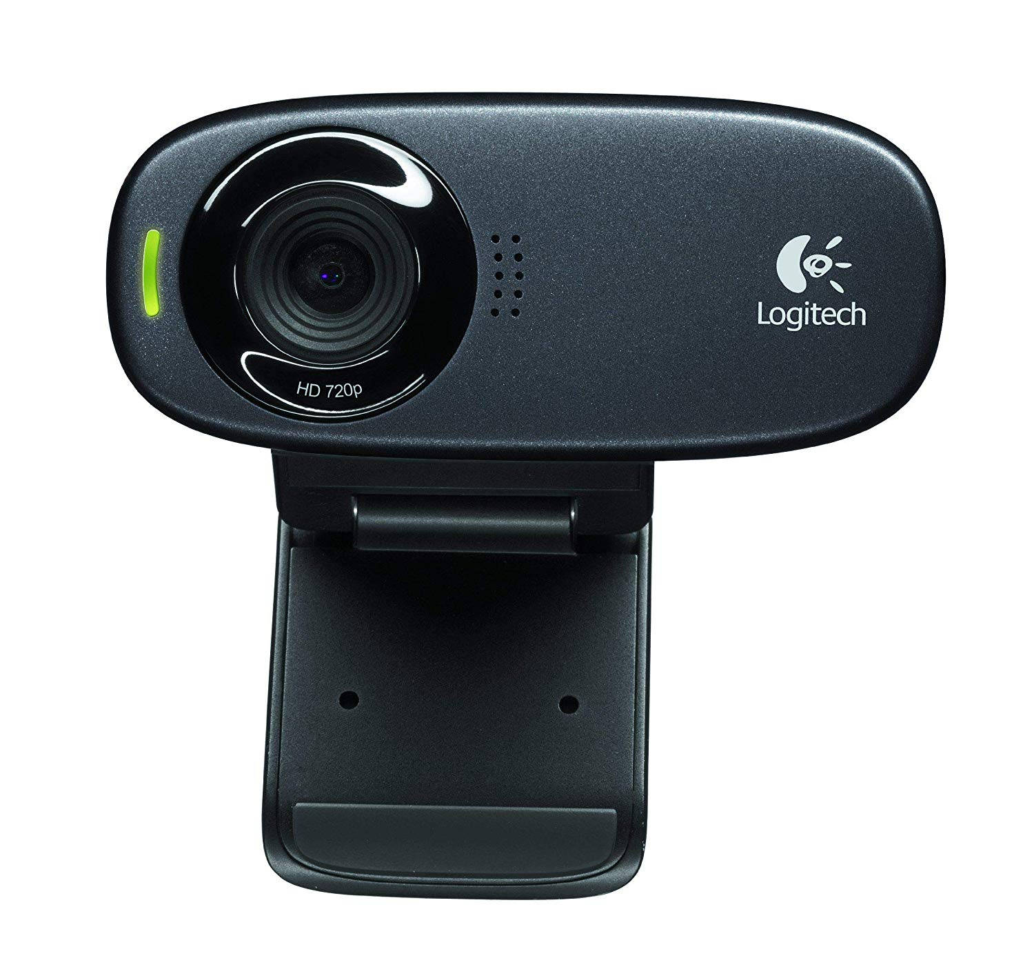 網路攝影機 桌布 壁紙 — 一款時尚的黑色 Logitech HD 720p 網路攝影機，帶有發光的綠色電源指示燈，背景為純白色。