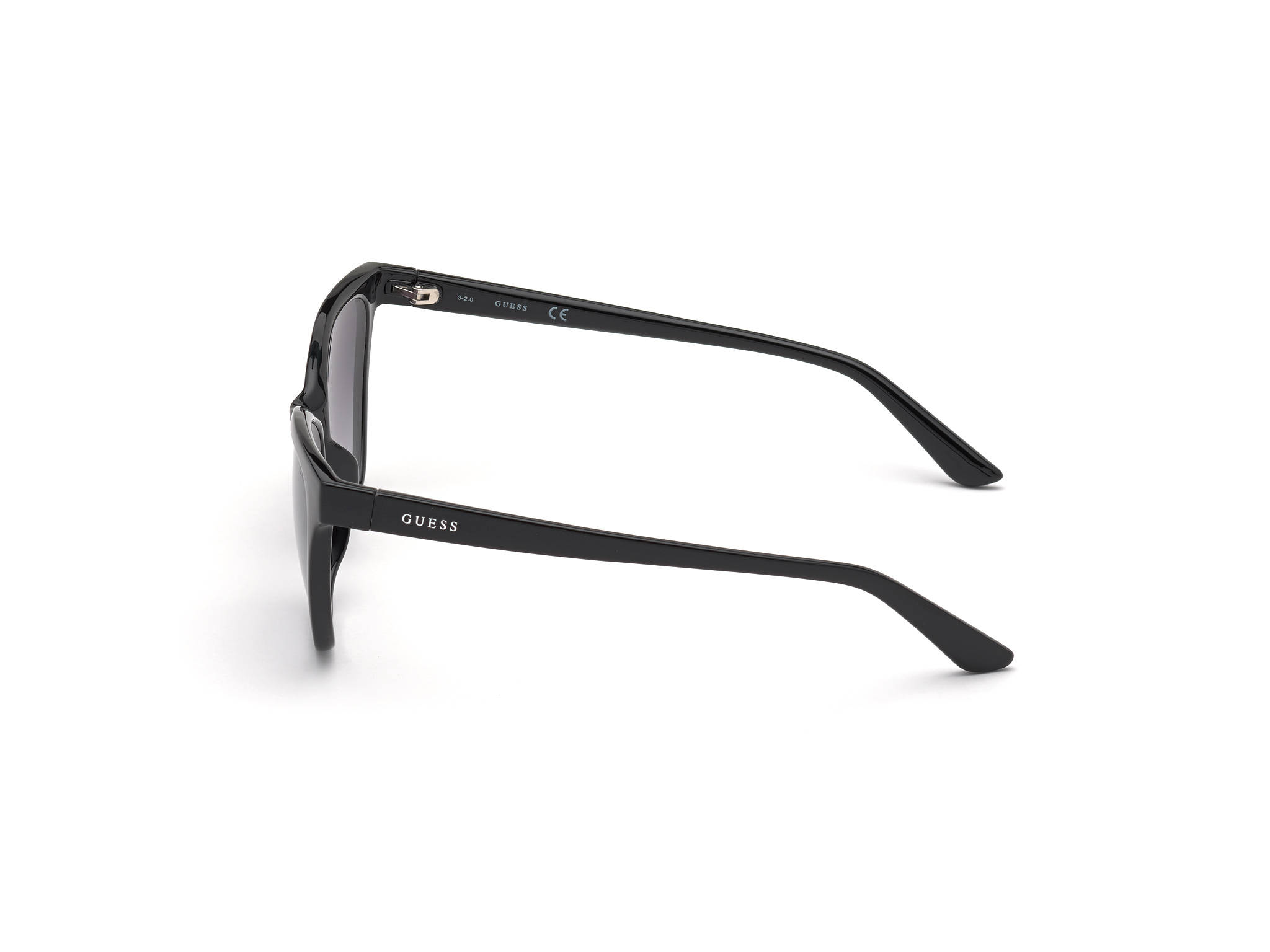 Sunglasses 桌布 壁紙 — 一款時尚的黑色Guess太陽眼鏡，在乾淨的白色背景上以側面展示。
