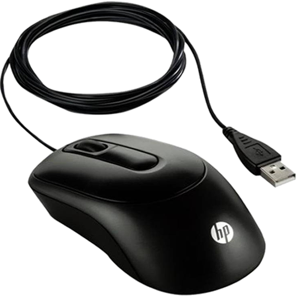 Computer Mouse 桌布 壁紙 — 一款時尚的黑色HP有線USB滑鼠，帶有螺旋線纜，置於潔白背景上。
