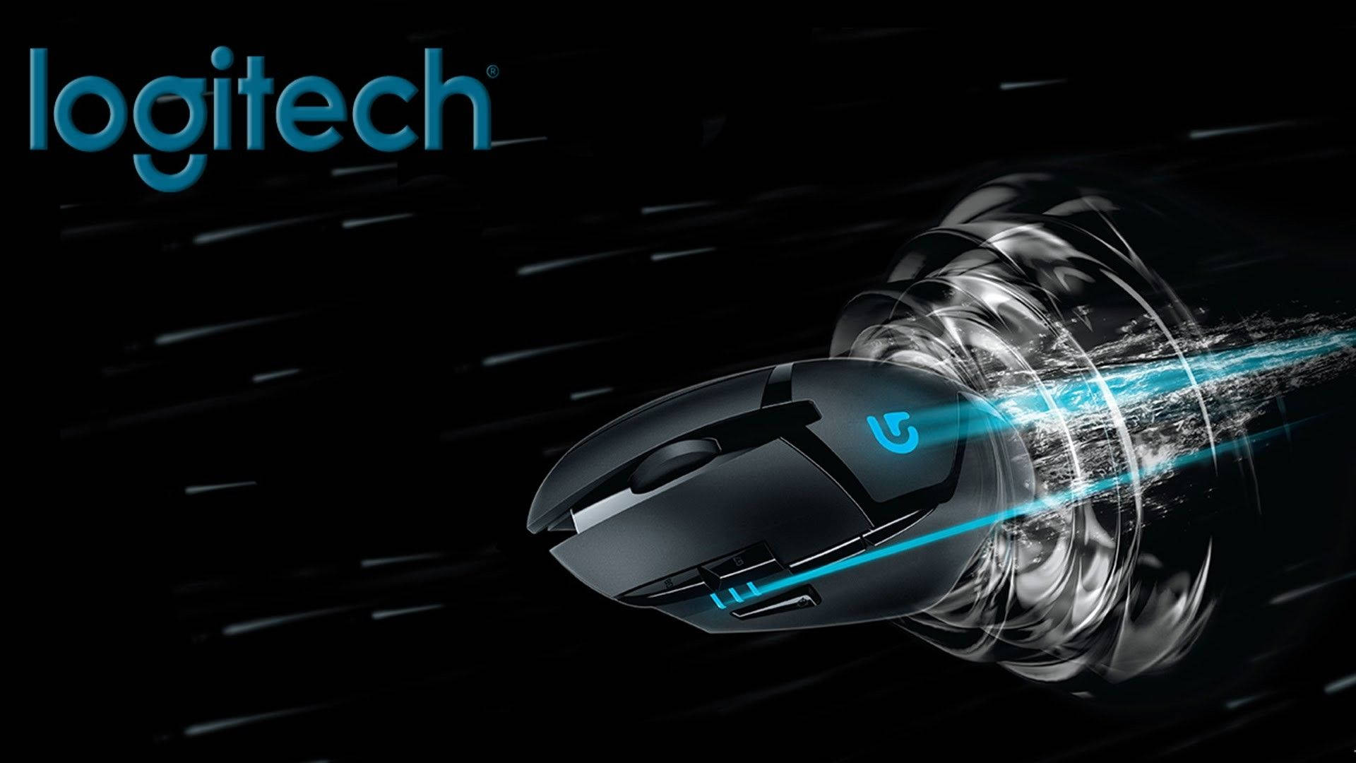 羅技 桌布 壁紙 — 一款時尚的黑色Logitech遊戲滑鼠，帶有發光藍色點綴，在黑暗背景中穿過光隧道高速移動。