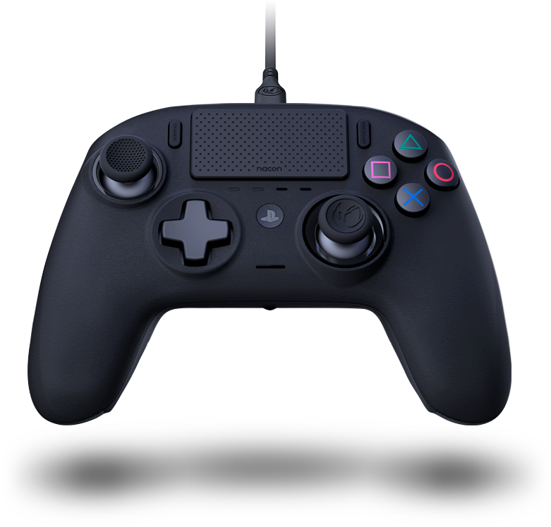 PlayStation 桌布 壁紙 — 一款時尚的黑色Nacon遊戲控制器，帶有發光的彩色按鈕和雙模擬搖桿，背景為純黑色。