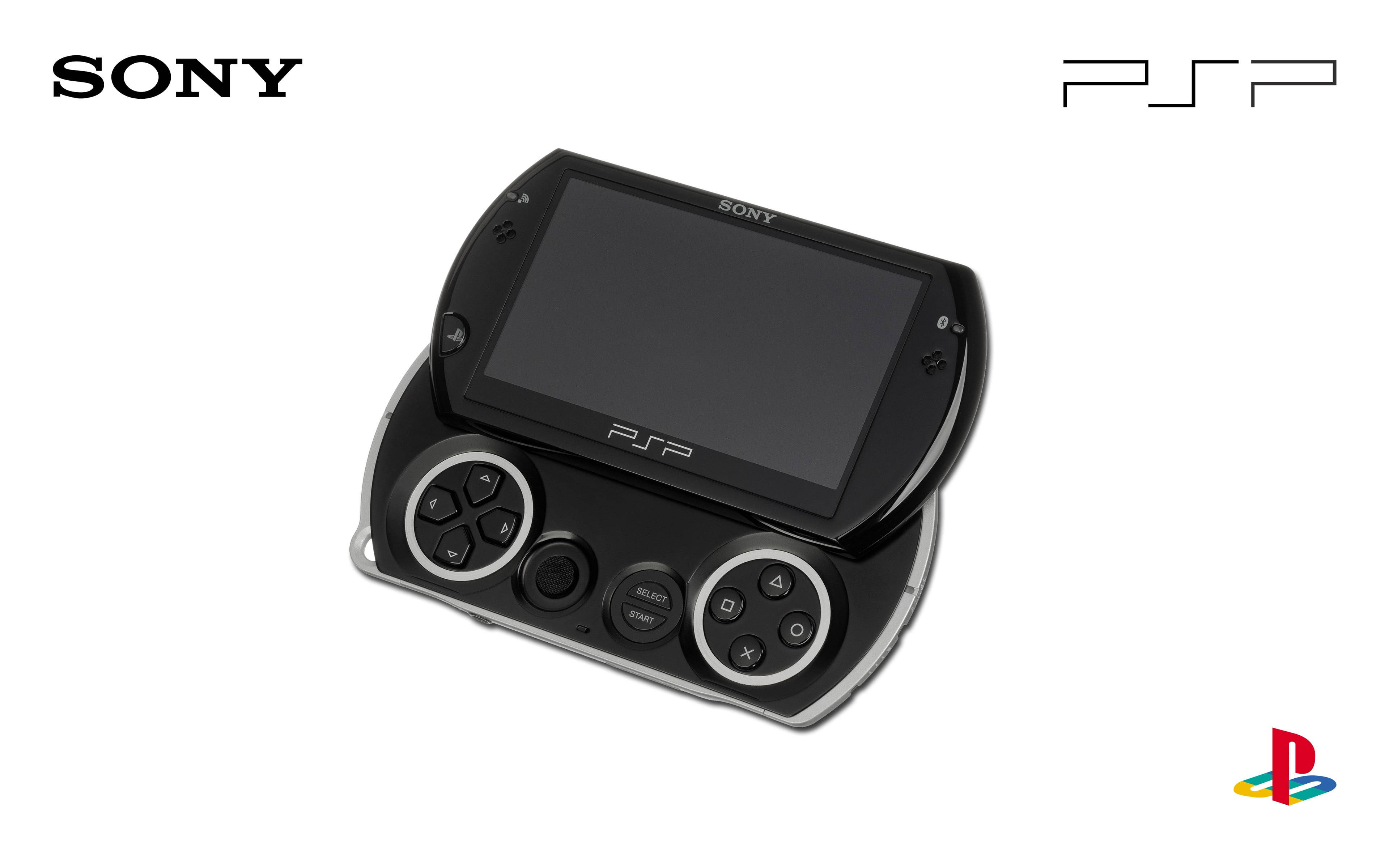 PlayStation 桌布 壁紙 — 一款時尚的黑色Sony PSP掌上型遊戲機，帶有銀色點綴和標誌品牌，背景為純白色。