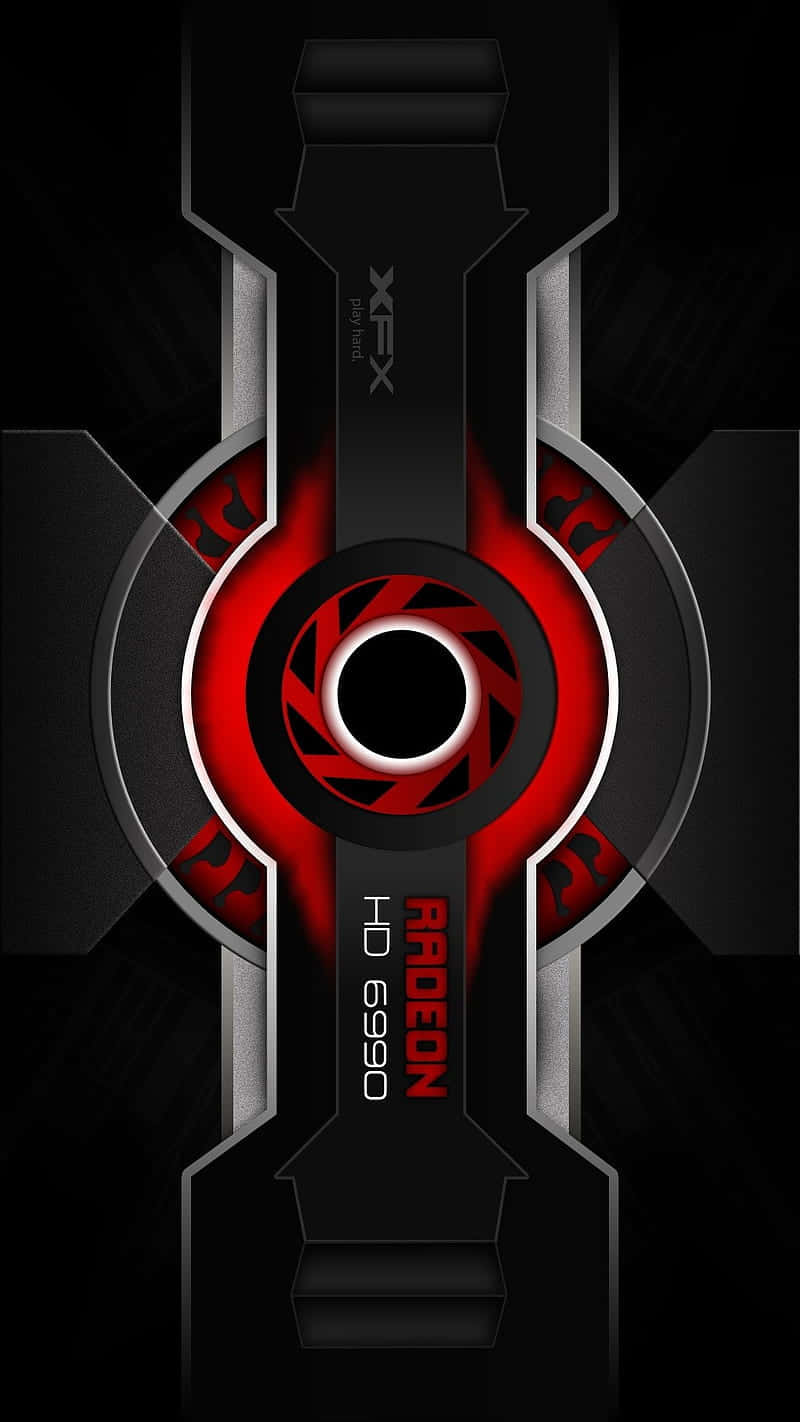 背景 桌布 壁紙 — 一款時尚的黑色和紅色Radeon HD 6990顯示卡，帶有發光的紅色點綴和金屬銀色飾邊，背景為深色。