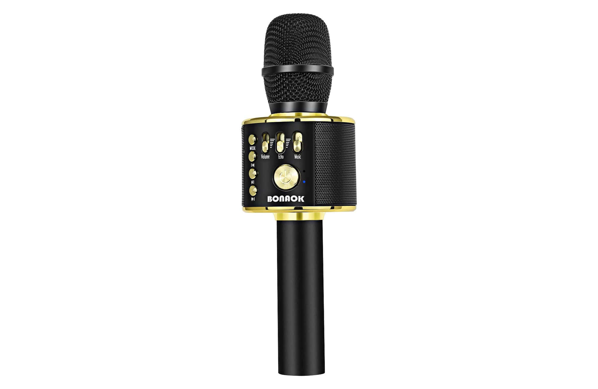 Microphone 桌布 壁紙 — 一款時尚的黑色和金色手持卡拉OK麥克風，帶有控制按鈕和網狀格柵，背景為白色。