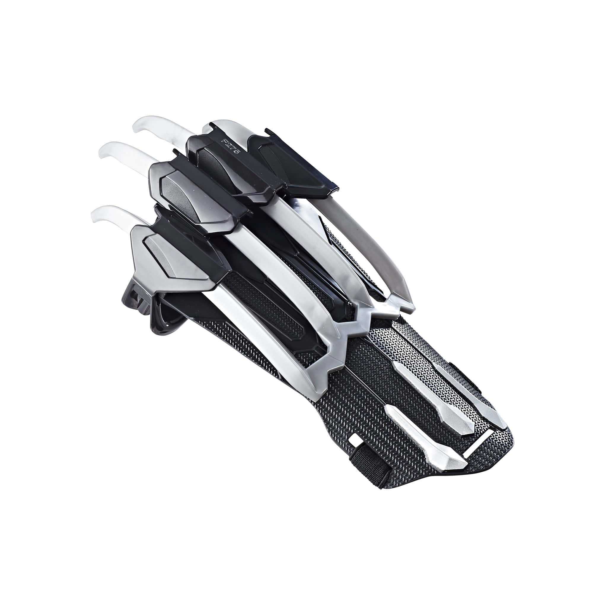 Panther Claws 桌布 壁紙 — 一款時尚的黑色和銀色未來風格護手，帶有可伸縮的爪子，背景為白色。