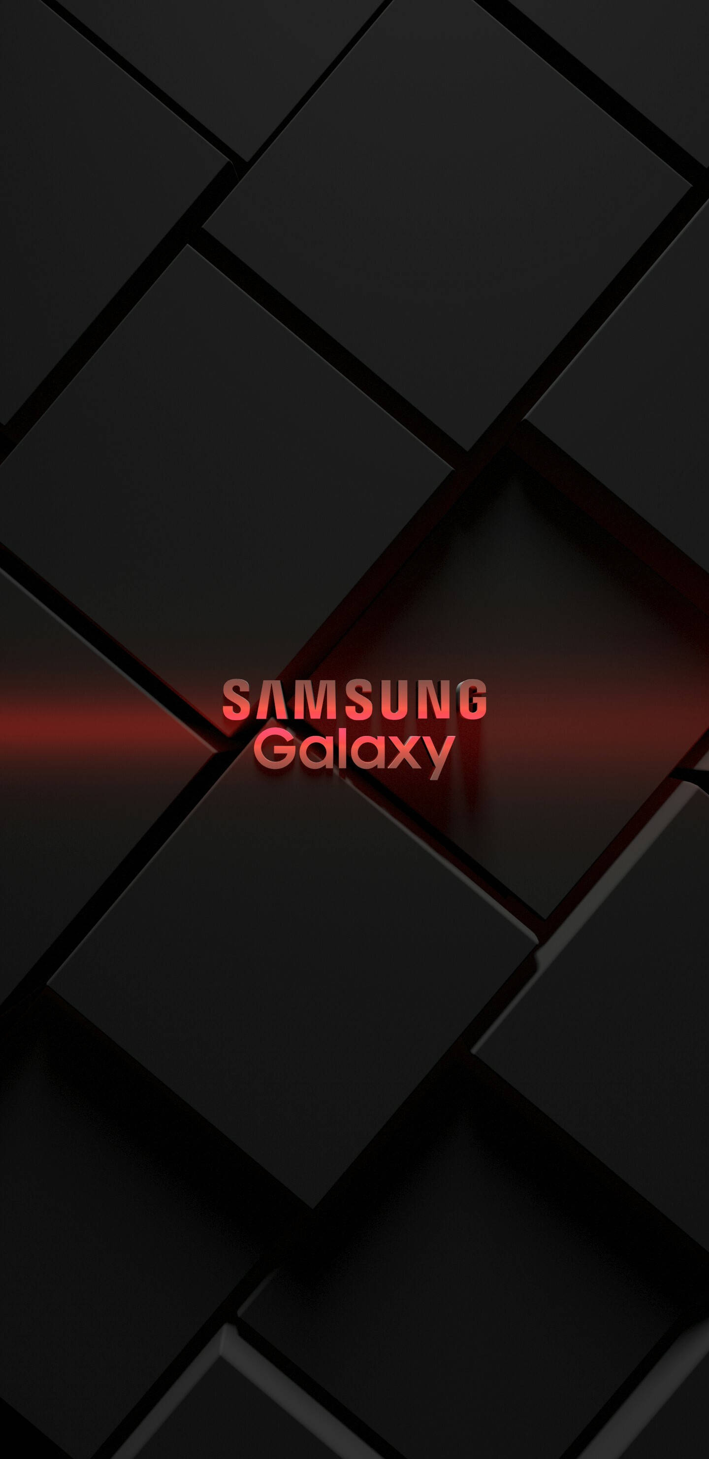幾何 桌布 壁紙 — 一款時尚的黑色幾何壁紙，中央帶有發光的紅色Samsung Galaxy文字，置於3D瓷磚圖案上。