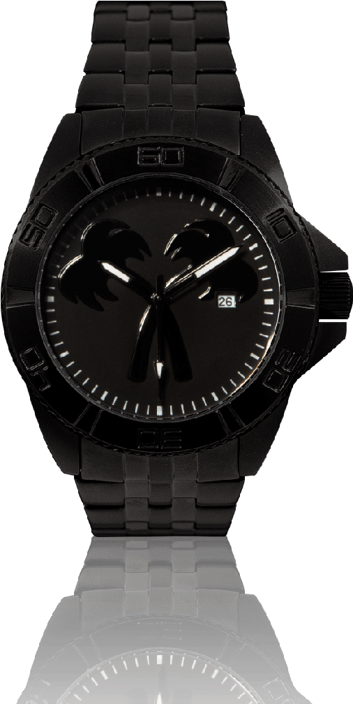 Timepiece 桌布 壁紙 — 一款時尚的黑色手錶，帶有棕櫚樹指針和日期顯示，完美反射在光亮的黑色表面上。