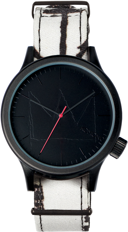 Timepiece 桌布 壁紙 — 一款時尚的黑色手錶，配有黑白圖案錶帶和紅色秒針，搭配深色錶盤。