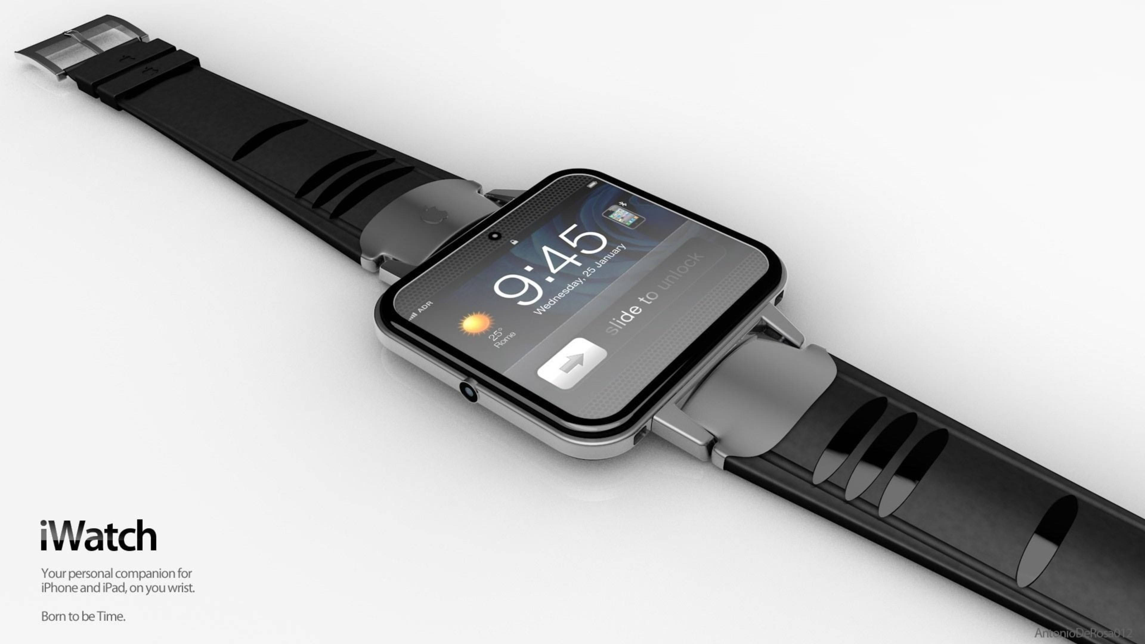 Apple Watch 動態 桌布 壁紙 — 一款時尚的黑色智慧手錶，帶有銀色點綴，在簡約的白色背景上顯示 9:45。
