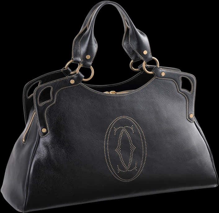 Ladies Bags 桌布 壁紙 — 一款時尚的黑色皮革手提包，配有金色金屬配件和縫線標誌，在純黑色背景下脫穎而出。
