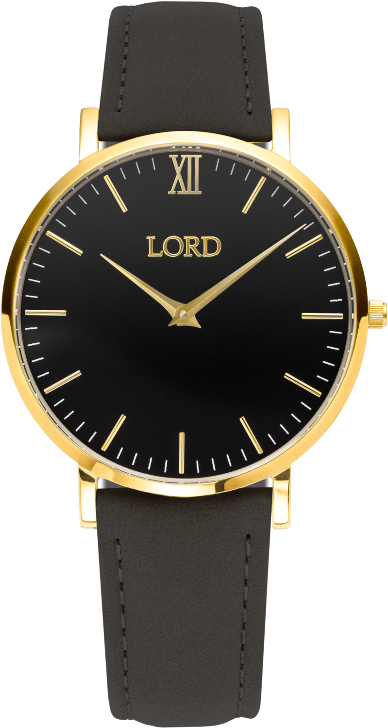 Timepiece 桌布 壁紙 — 一款時尚腕錶，黑色錶盤、金色羅馬數字和黑色皮革錶帶，襯托純黑色背景。