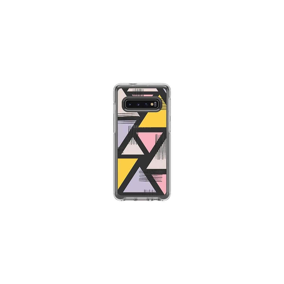 Galaxy S10 桌布 壁紙 — 一款智慧型手機殼，帶有由黃色、粉紅色和薰衣草色三角形組成的醒目幾何圖案，並以黑色勾勒輪廓。
