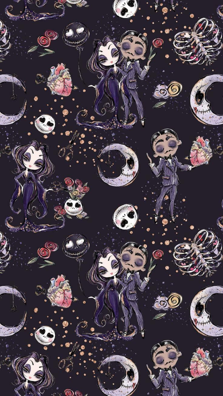 The Addams Family 桌布 壁紙 — 一款暗黑奇幻的壁紙，重複出現《聖誕夜驚魂》的角色，在繁星點點的夜空下手持心形和骷髏頭。