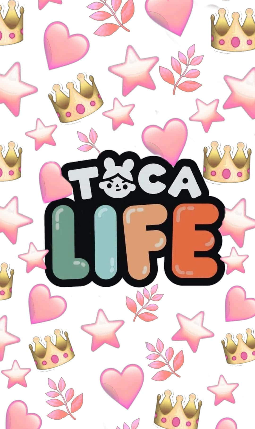 托卡生活 桌布 壁紙 — 一款有趣的桌布，以白色背景襯托Toca Life標誌，周圍環繞著粉紅色愛心、星星、皇冠和葉子。