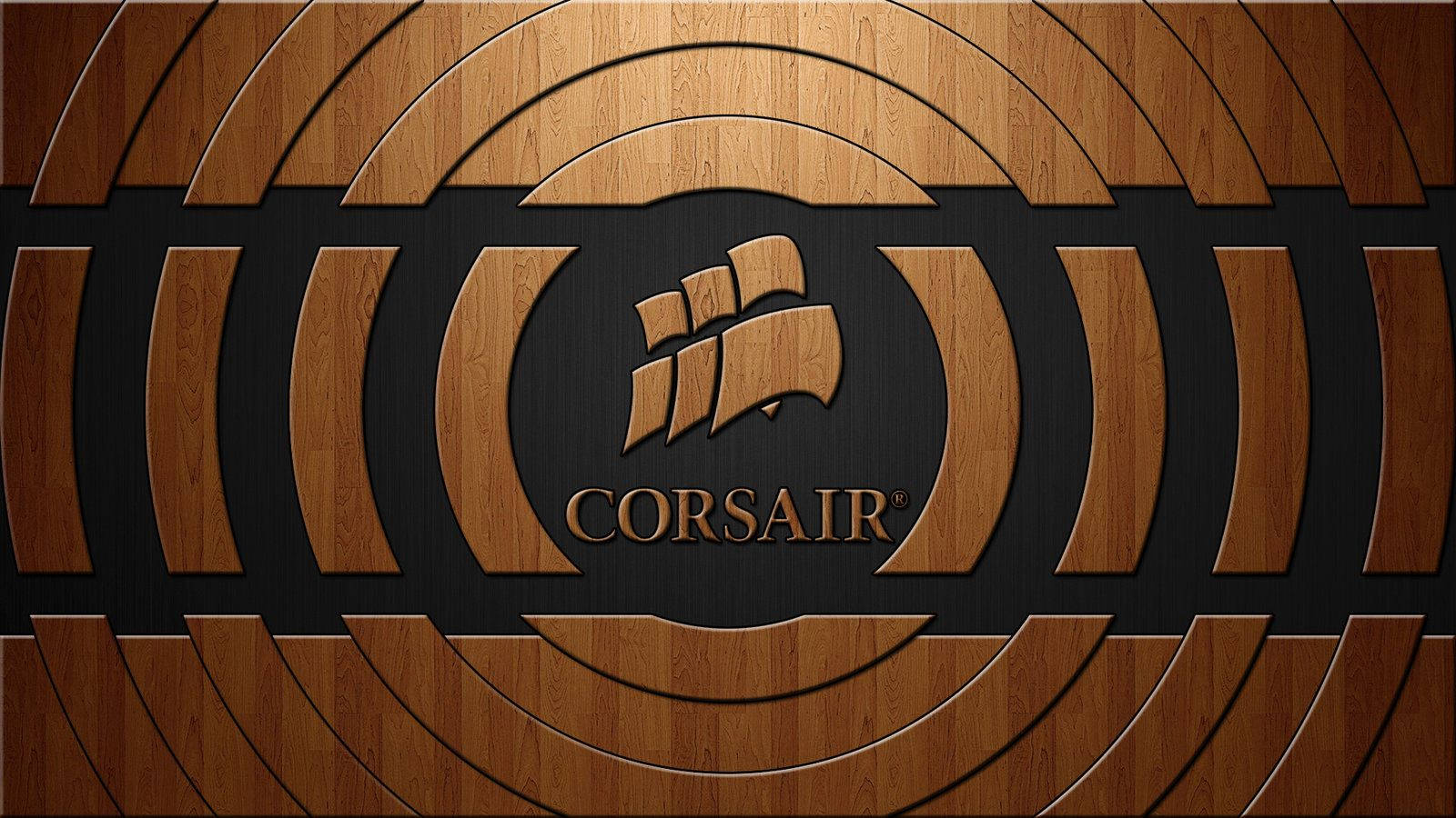 海盜船 桌布 壁紙 — 一款木紋壁紙，Corsair 標誌居中於深色背景上的同心圓圖案內。