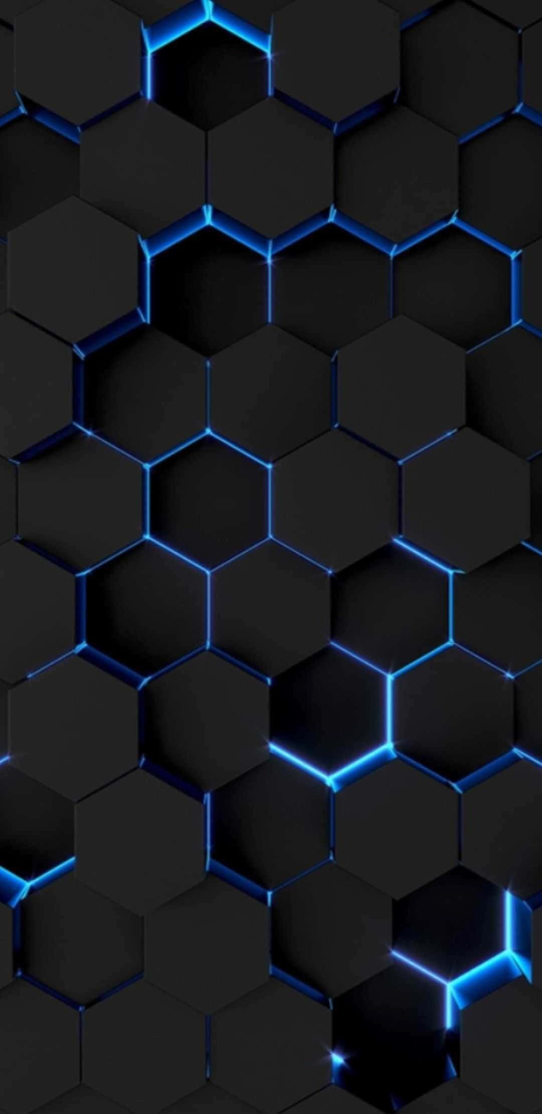 Black And Blue iPhone 桌布 壁紙 — 一款未來風格的黑色六邊形瓷磚壁紙，邊緣閃爍著充滿活力的藍色霓虹線條。