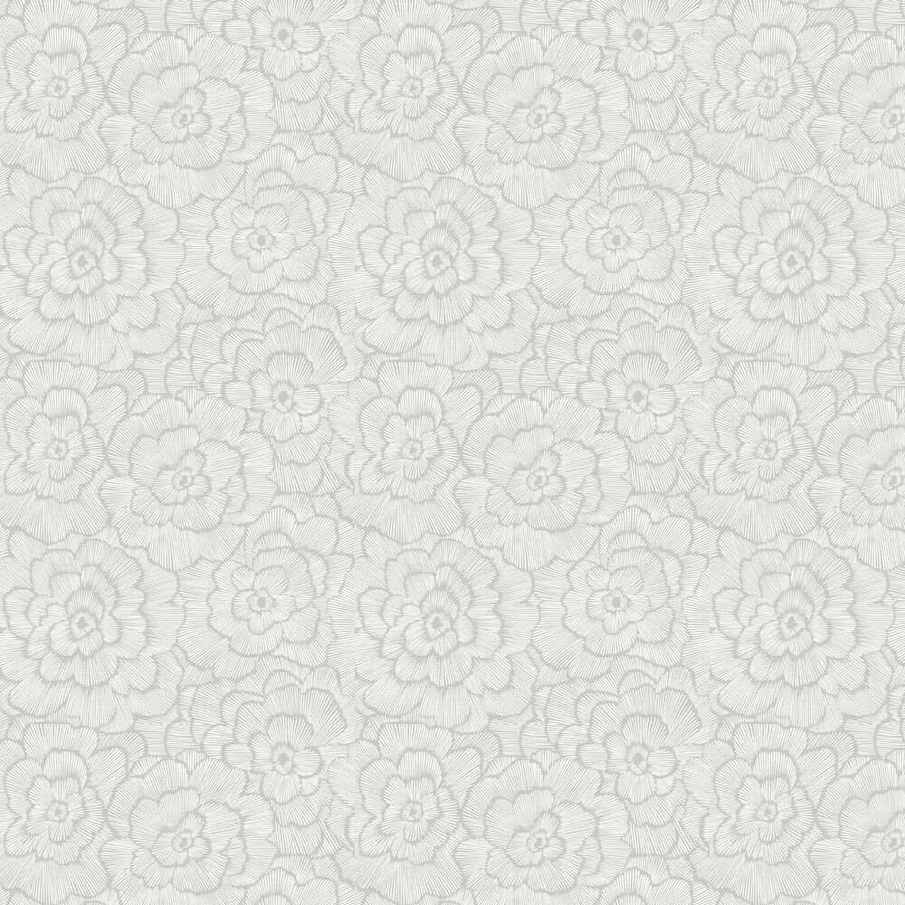 長春花 桌布 壁紙 — 一款柔和灰色花卉圖案壁紙，精緻的線條繪製花朵在柔軟紋理表面上重複排列。