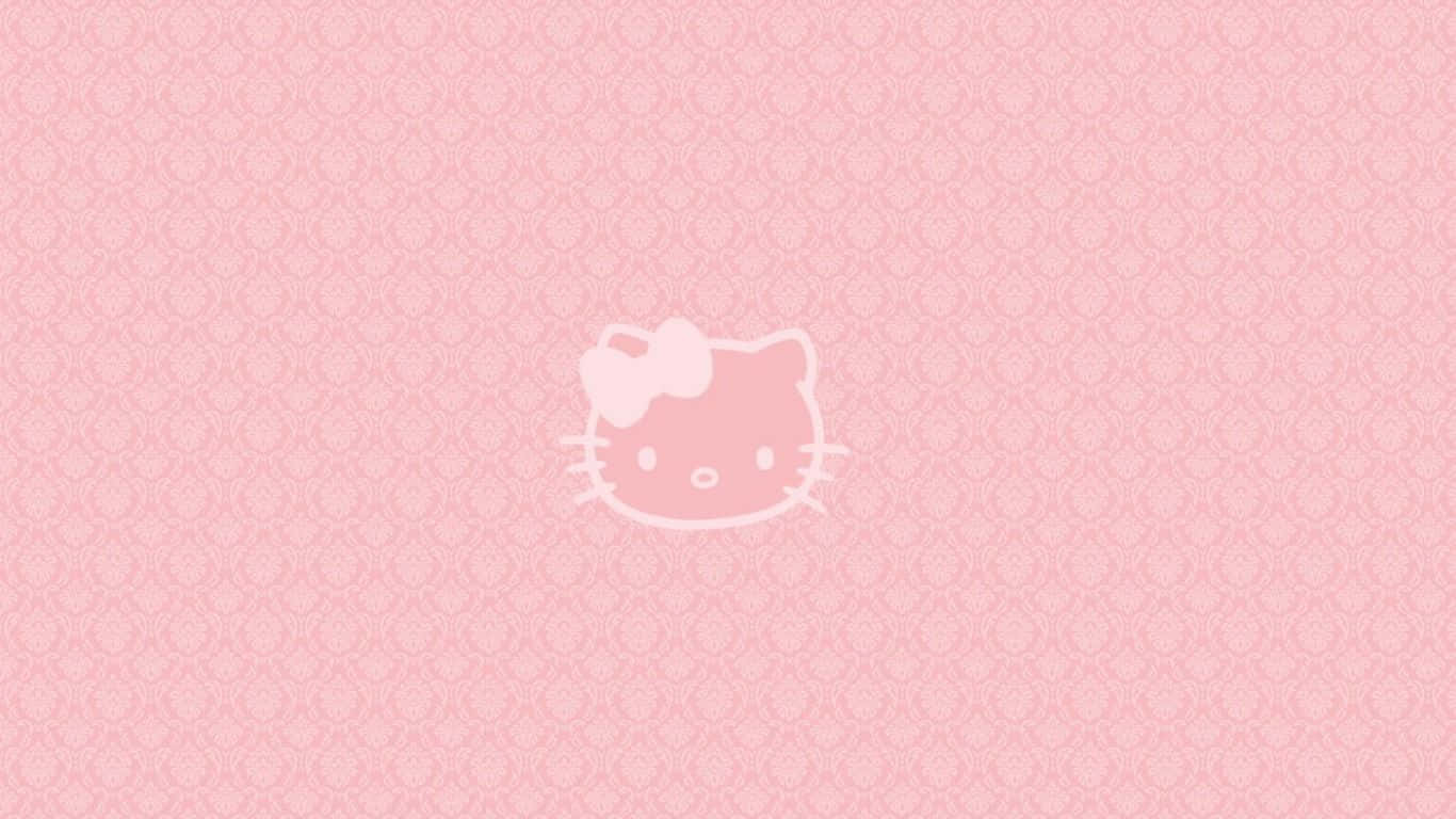 Hello Kitty 桌布 壁紙 — 一款柔和的粉紅色壁紙，帶有細緻的大馬士革圖案，中央有Hello Kitty臉部的白色輪廓。