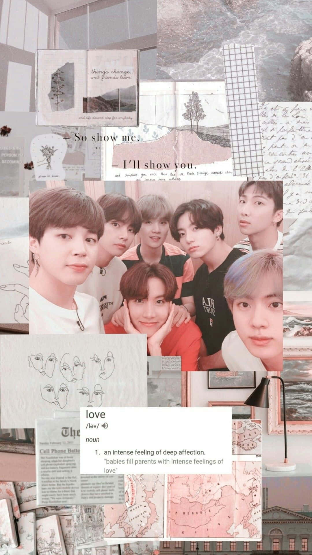Aesthetic Korean 桌布 壁紙 — 一款柔和粉紅與米色拼貼壁紙，以夢幻美學呈現BTS成員、手寫筆記、地圖和素描。