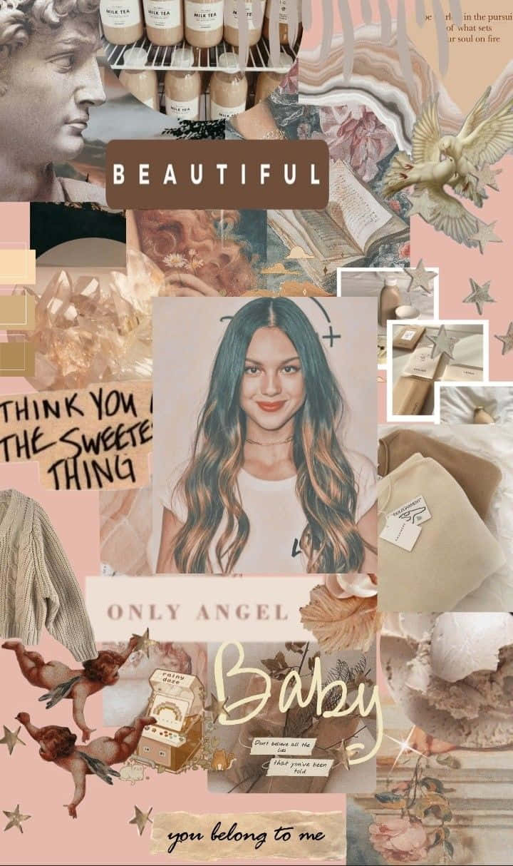 Olivia Rodrigo Aesthetic 桌布 壁紙 — 一款柔和粉紅色的拼貼桌布，中央肖像被復古天使、語錄、水晶和茶瓶環繞，呈現夢幻美學。