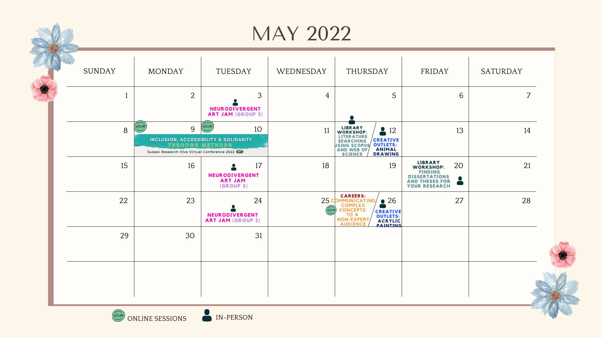 May 2022 Calendar 桌布 壁紙 — 一款柔和色調的2022年5月月曆，帶有花卉點綴和標記工作坊及藝術即興活動的活動貼紙。