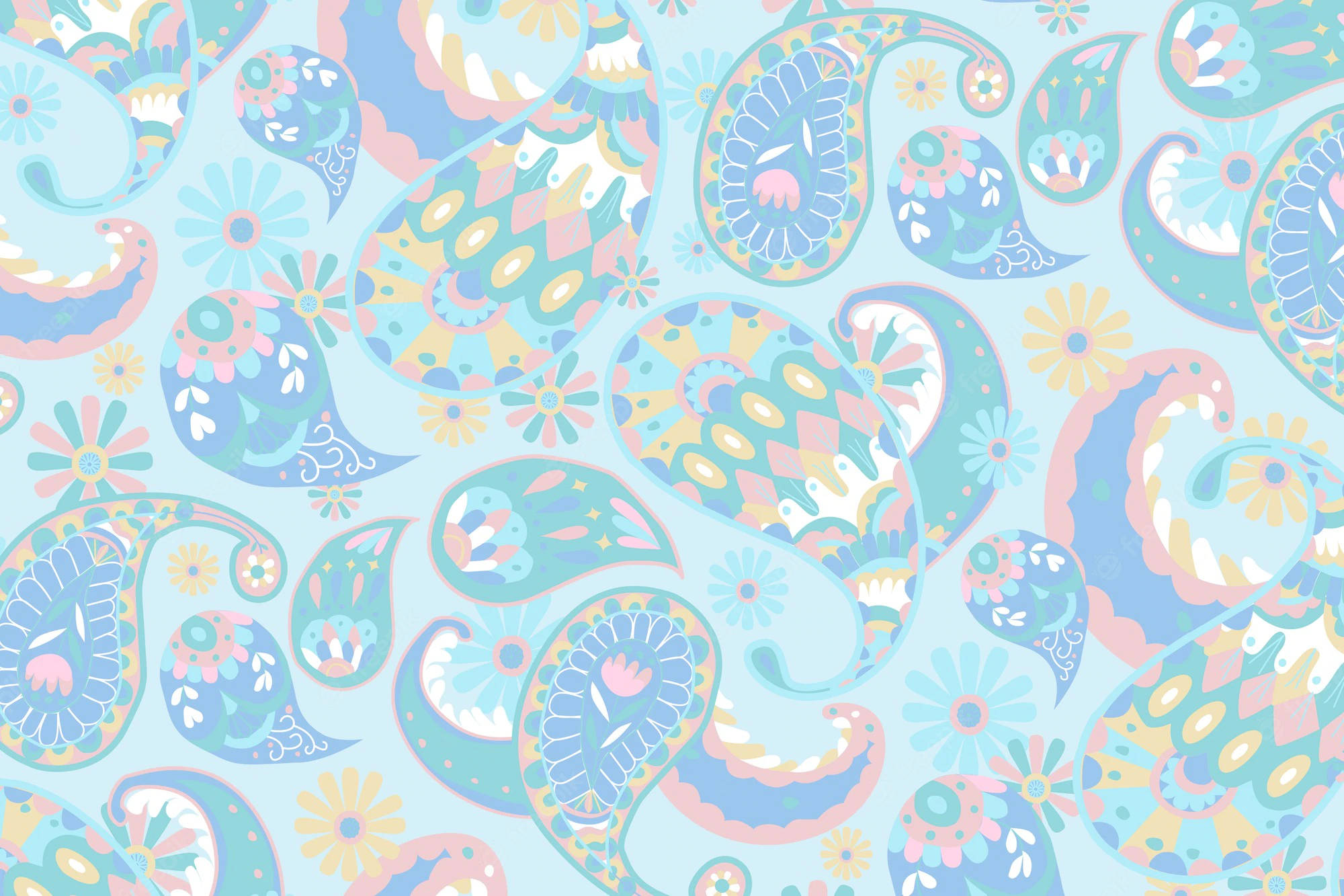 Paisley 桌布 壁紙 — 一款柔和色調的佩斯利和花卉圖案壁紙，在淺藍色背景上帶有漩渦狀淚滴形狀和雛菊圖案。