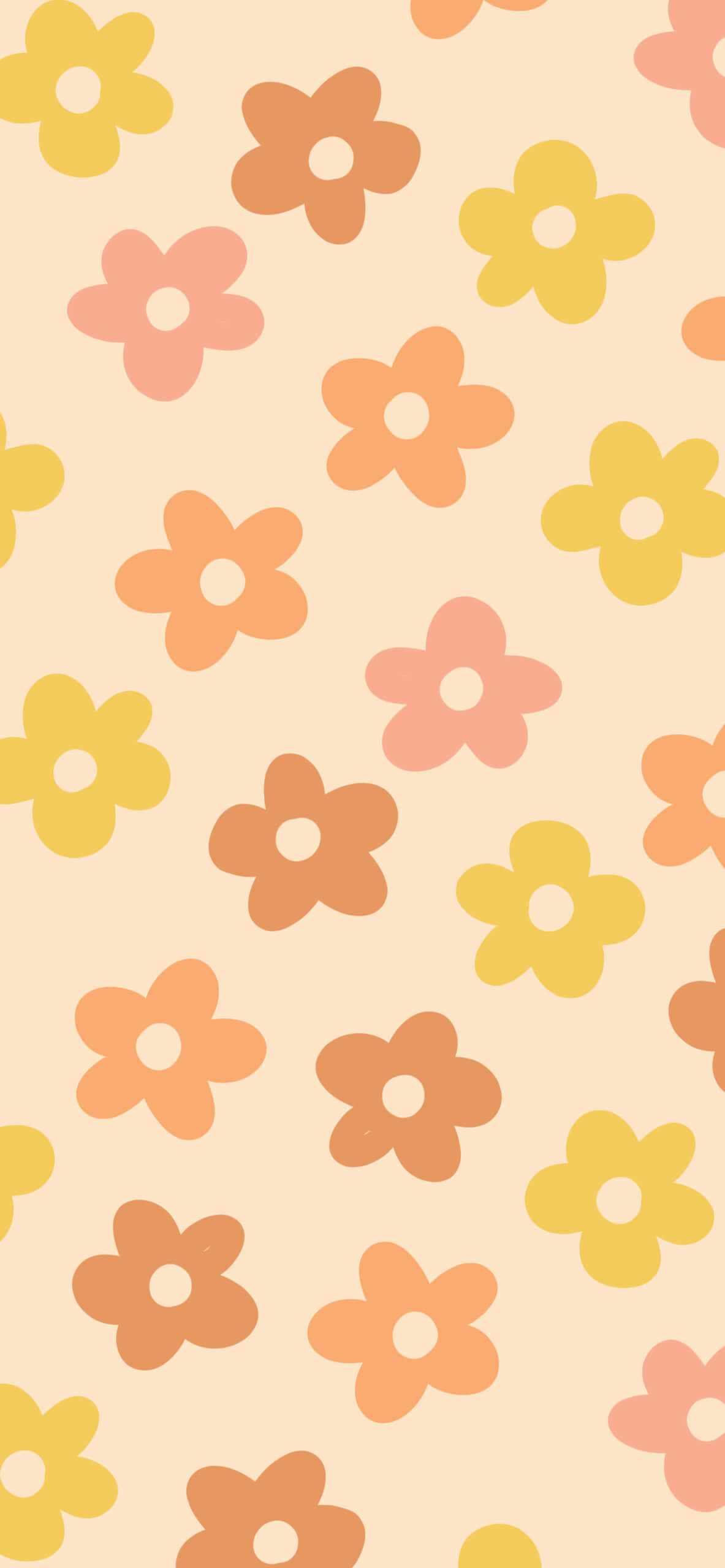 Cute Flower 桌布 壁紙 — 一款柔和色調的壁紙，在淺奶油色背景上散落著蜜桃黃和橙色色調的風格化花朵。