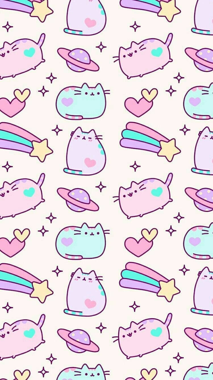 Tumblr iPhone 桌布 壁紙 — 一款柔和色調的桌布，重複出現穿著太空服的可愛貓咪，配有愛心和流星，背景柔和。