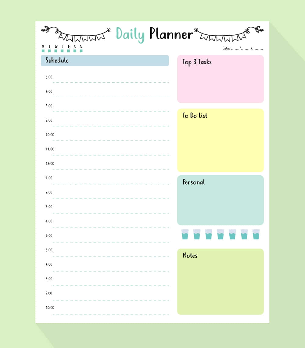Planner 桌布 壁紙 — 一款柔和色調的每日計劃表，包含日程時間段、首要任務、待辦事項清單、個人筆記和水分攝取追蹤器。