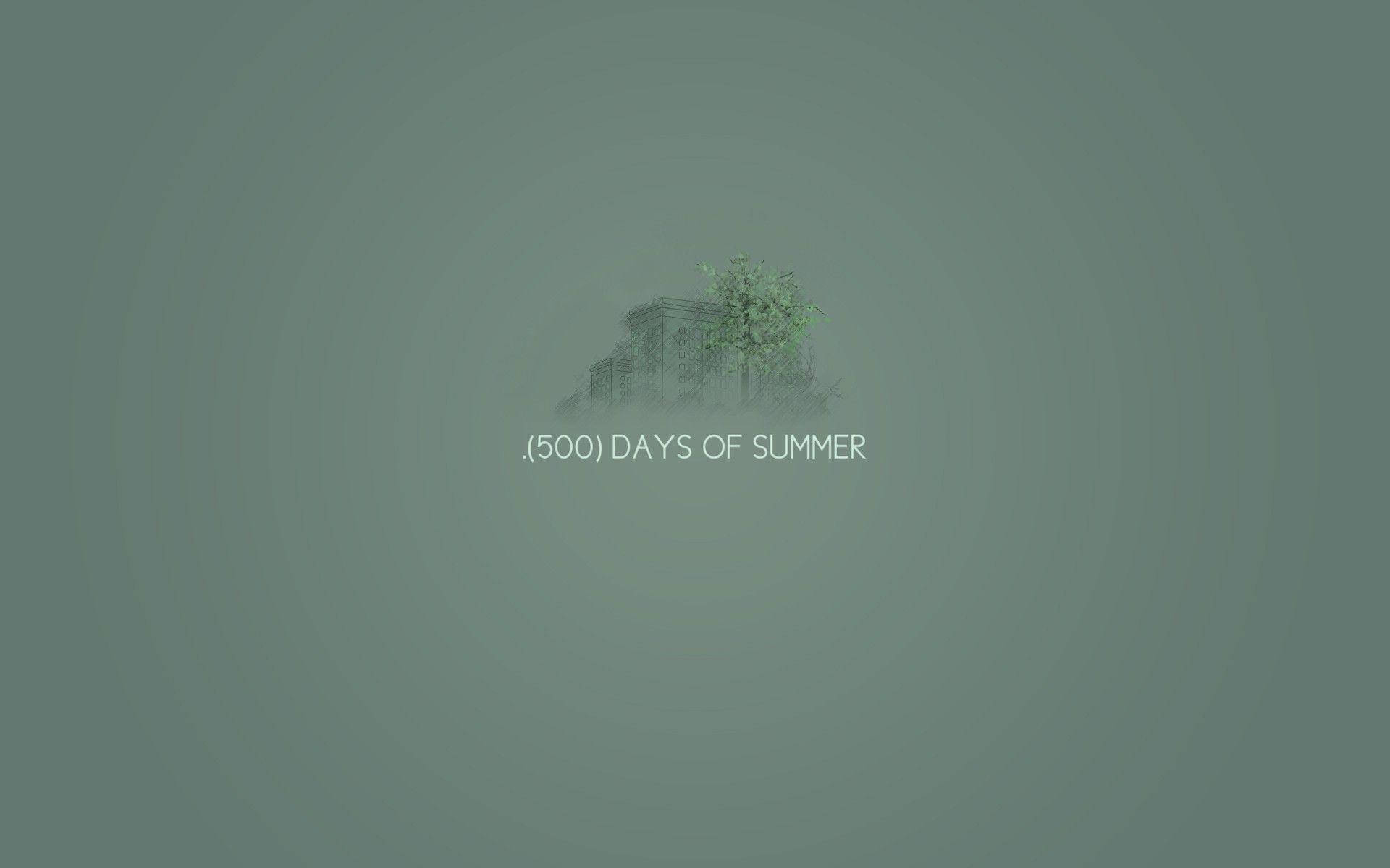 500 Days Of Summer 桌布 壁紙 — 一款極簡主義的數位藝術桌布，以褪色的建築物和樹木剪影為中心，置於漸變綠色背景上，並附有文字。