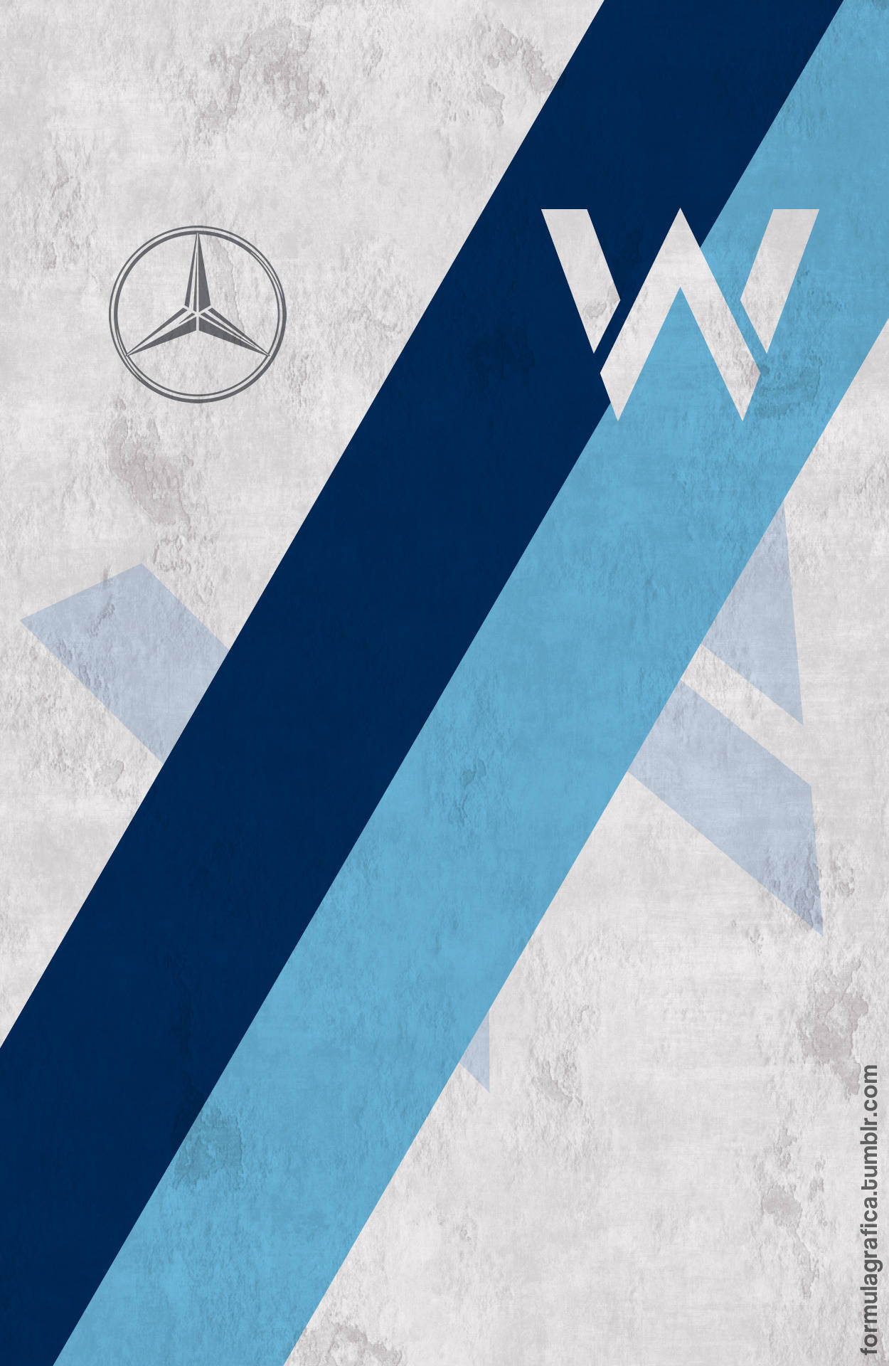 標誌 桌布 壁紙 — 一款極簡抽象風格桌布，以Mercedes-Benz標誌及風格化「W」字樣為主體，搭配帶有藍色斜紋的紋理混凝土背景。