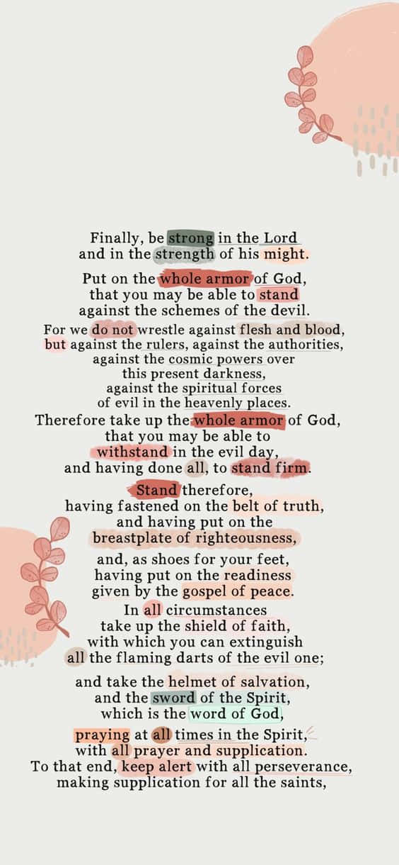 Armor Of God 桌布 壁紙 — 一款極簡文字風格桌布，在柔和粉彩背景上以精緻樹葉插圖點綴，並突出顯示聖經經文。
