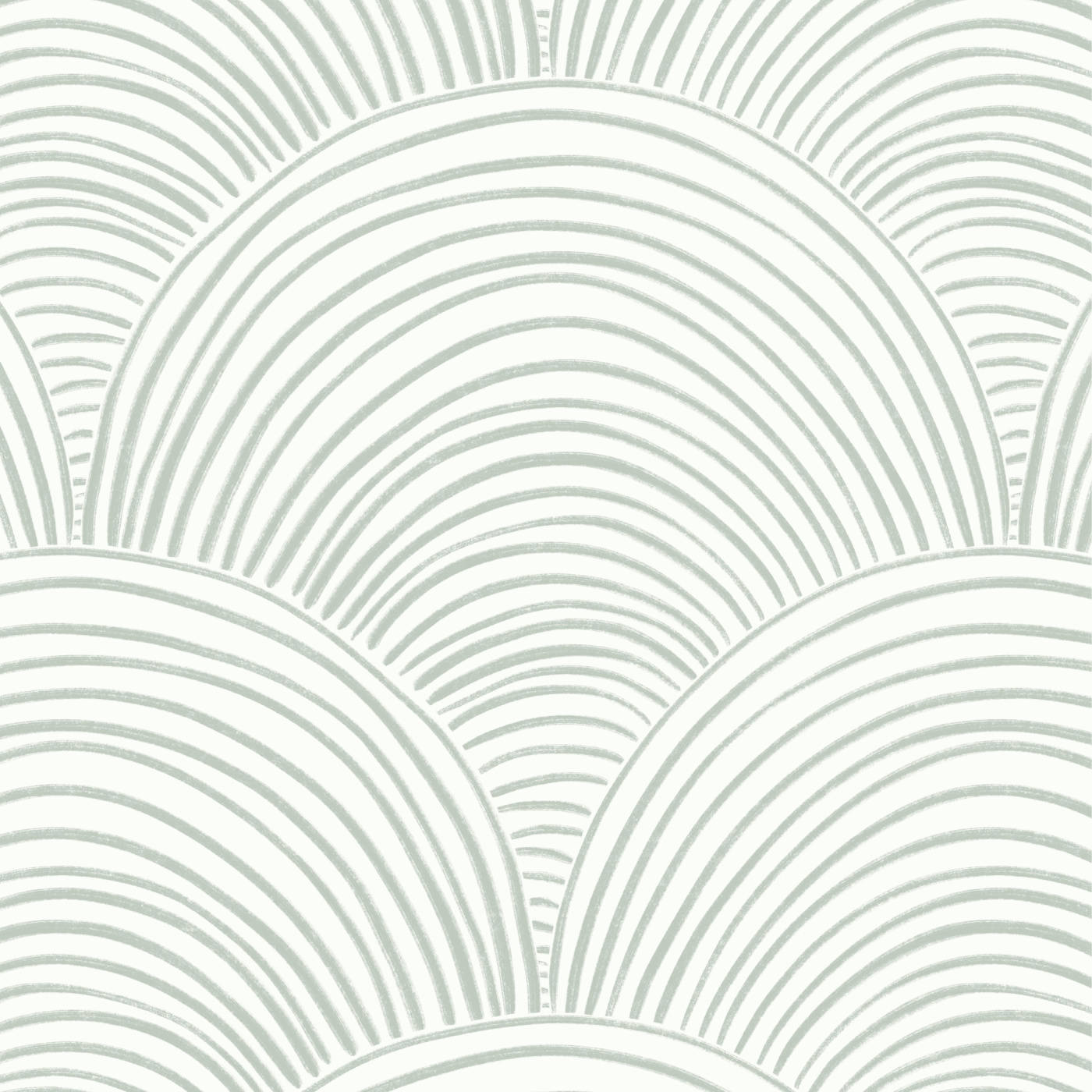 graphic art 桌布 壁紙 — 一款極簡風格壁紙，在奶油色背景上重複呈現柔和鼠尾草綠的扇形波浪圖案。