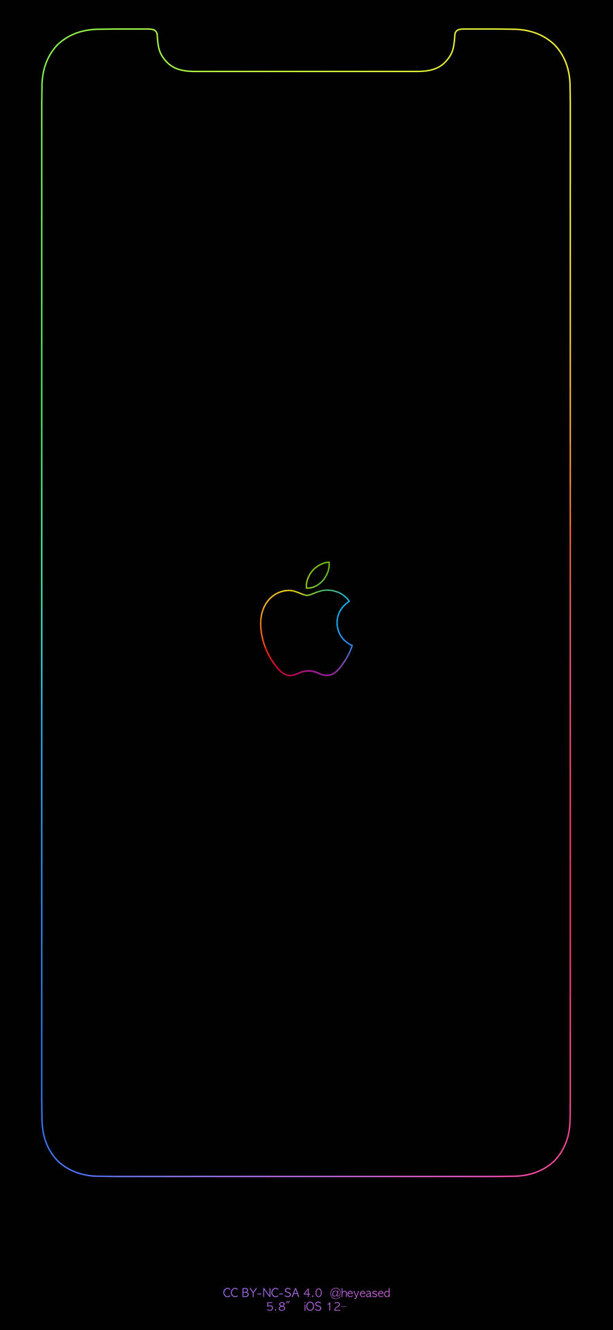 彩虹 桌布 壁紙 — 一款極簡風格的iPhone桌布，黑色螢幕中央有彩虹輪廓的Apple標誌，並帶有纖細彩色邊框。
